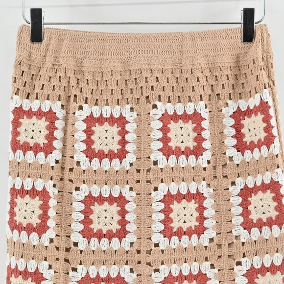 Lulus Womens Granny Squares Crochet Mini Skirt Size S Tan Boho Festival Lined - Picture 9 of 11